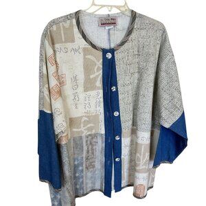 In The Mix Womens Top Mixed Media Button Up Jacket California Cotton 2X Asian